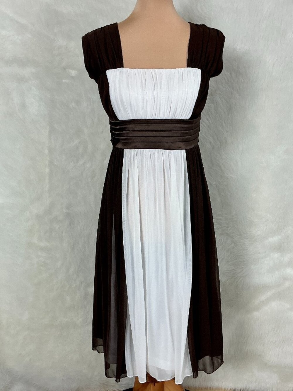 Vintage 70s Jody California Brown & White Mesh Satin Waist Tie Midi Dress M